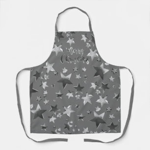 Elegant Faux Silver Grey Merry Christmas Stars Apron