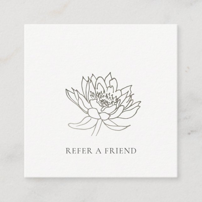 ELEGANT FAUX SILVER LOTUS FLORAL REFER A FRIEND SQUARE BUSINESS CARD (Front)