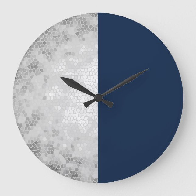 elegant faux silver & navy blue large clock (Front)