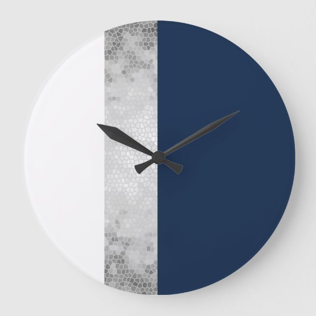 elegant faux silver, navy blue, white stripes large clock (Front)
