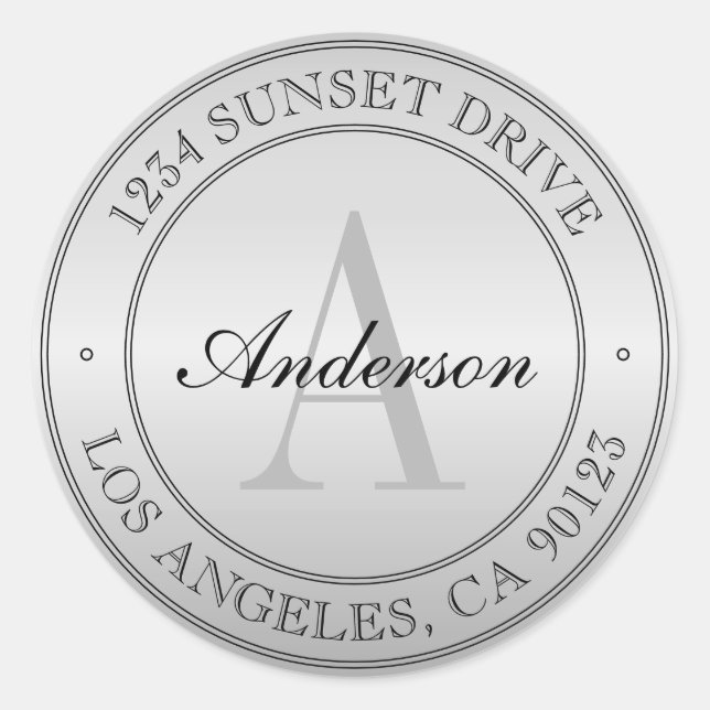 Elegant Faux Silver Ombre Monogram Address Classic Round Sticker (Front)