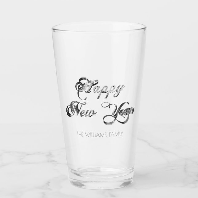 Elegant Faux Silver Script Happy New Year Glass (Front)