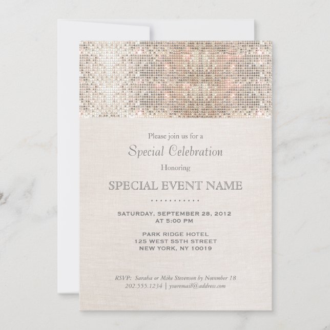 Elegant Faux Silver Sequins Beige Linen Look Invitation (Front)