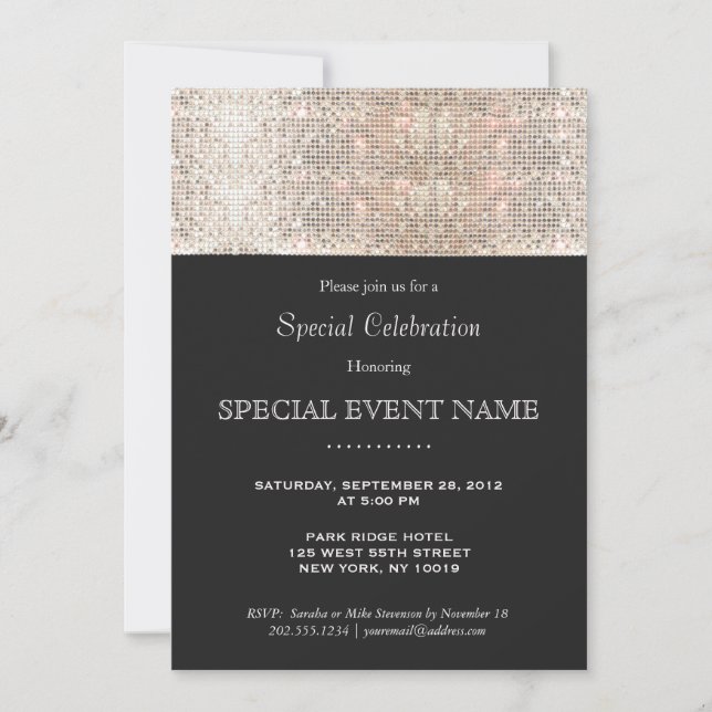 Elegant Faux Silver Sequins Black Party Invitation (Front)