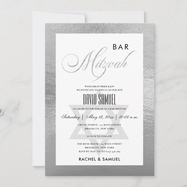 ELEGANT FAUX SILVER SIMPLE BAT BAR MITZVAH INVITATION (Front)
