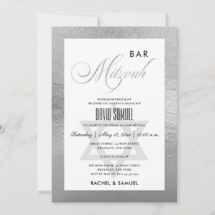 ELEGANT FAUX SILVER SIMPLE BAT BAR MITZVAH INVITATION