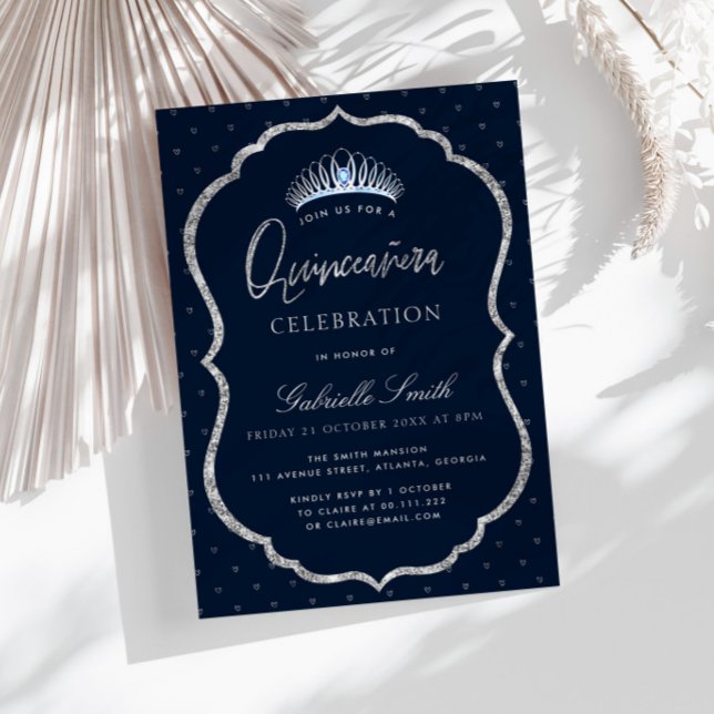 Elegant faux silver tiara Quinceanera invitation (Creator Uploaded)