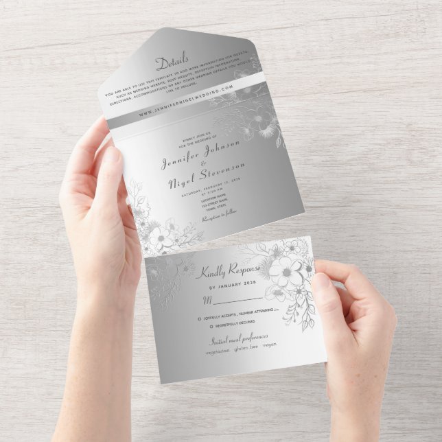 Elegant Faux Silver Wedding All In One Invitation (Tearaway)