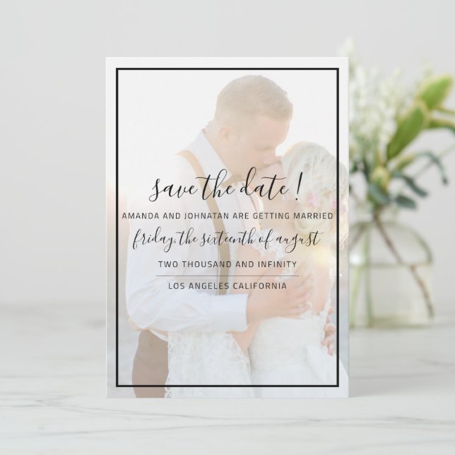 Elegant Faux Vellum Overlay Photo Wedding Save The Save The Date (Standing Front)