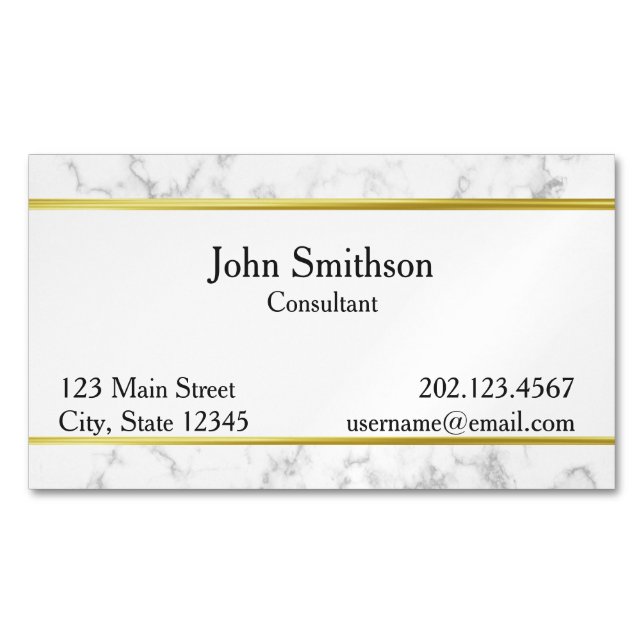 Elegant Faux White Marble and Gold Professional  Magnetic Business Card (Front)