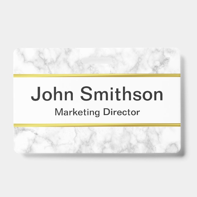 Elegant Faux White Marble Black Name Job Title ID Badge (Front)