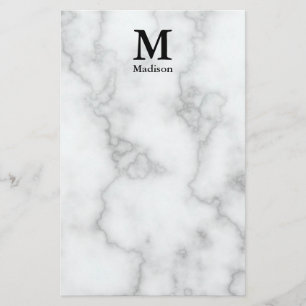 Elegant Faux White Marble Black Name Monogram Stationery