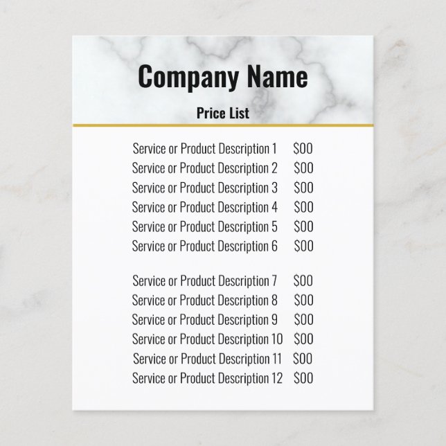 Elegant Faux White Marble Business Price List Flyer (Front)