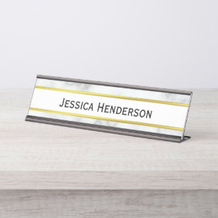 Elegant Faux White Marble Gold Black Business Desk Name Plate