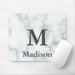 Elegant Faux White Marble Grey Name and Monogram Mouse Pad