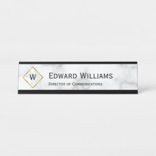 Elegant Faux White Marble Monogram Name Job Title Desk Name Plate