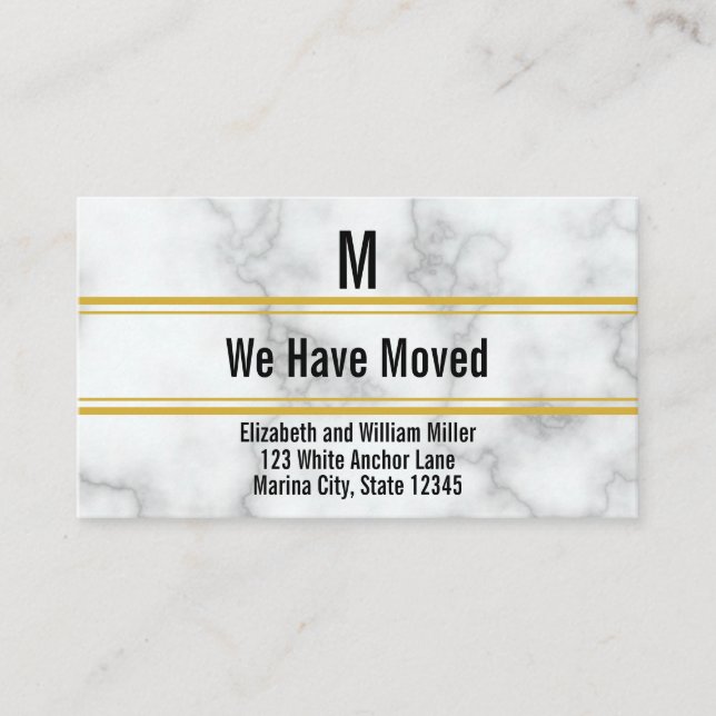 Elegant Faux White Marble Monogram We Have Moved Enclosure Card (Front)