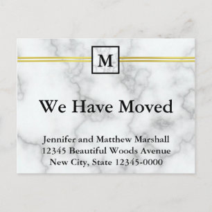 Elegant Faux White Marble Monogrammed Moving Announcement Postcard