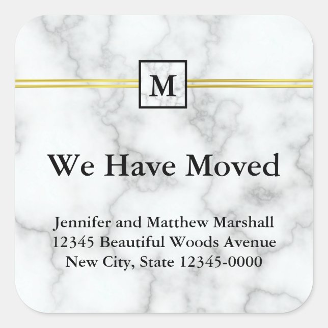 Elegant Faux White Marble Moving Announcement Square Sticker (Front)