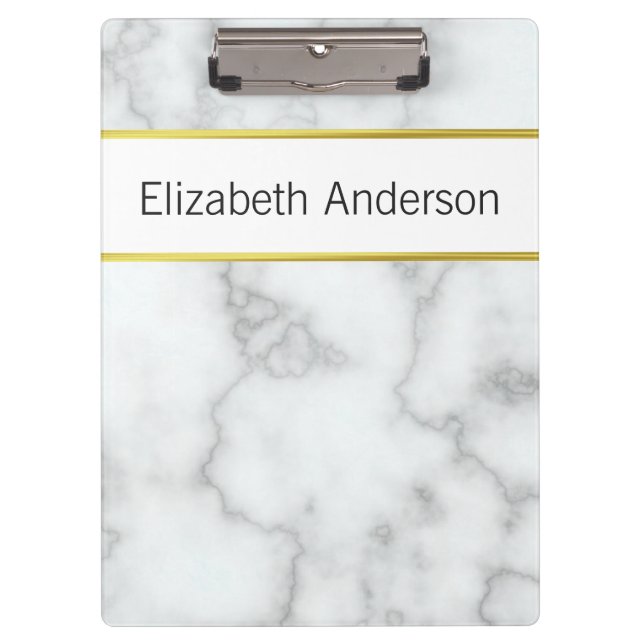 Elegant Faux White Marble Name Black Text Template Clipboard (Front)