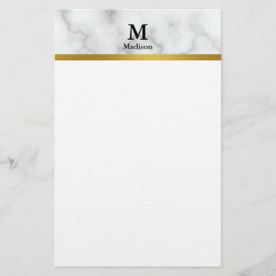 Elegant Faux White Marble with Name and Monogram Stationery