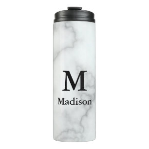 Elegant Faux White Marble with Name & Monogram Thermal Tumbler