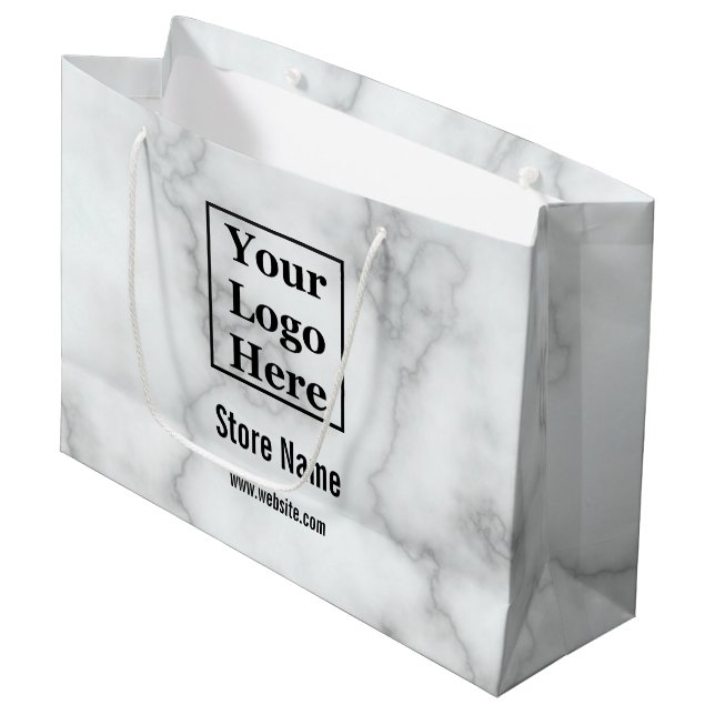 Elegant Faux White Marble Your Logo Here Large Gift Bag (Front Angled)
