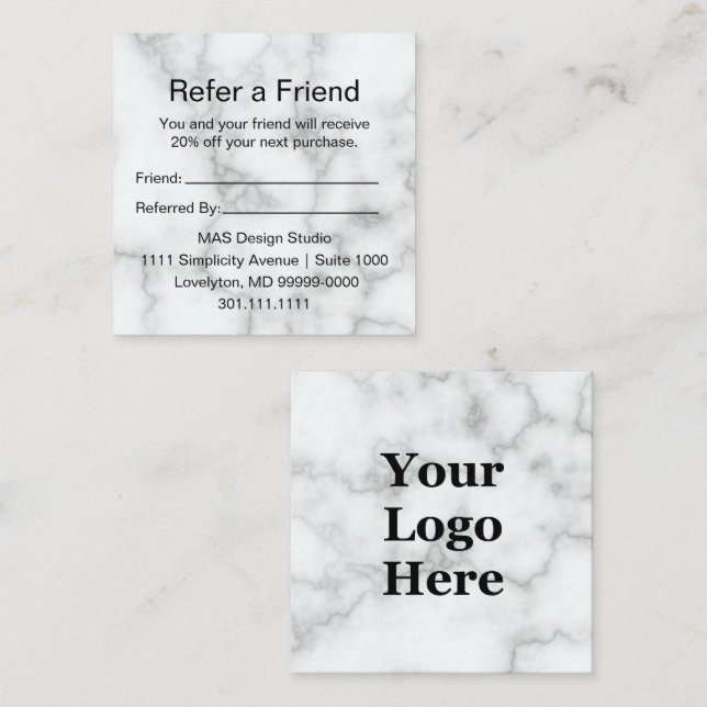 Elegant Faux White Marble Your Logo Here Referral Card (Front/Back)
