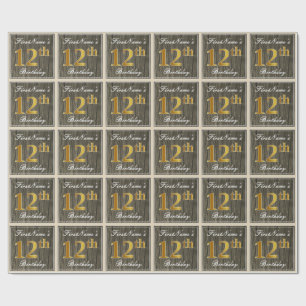 Elegant, Faux Wood, Faux Gold 12th Birthday + Name Wrapping Paper