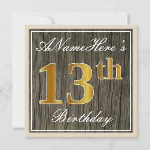 Elegant, Faux Wood, Faux Gold 13th Birthday + Name Invitation