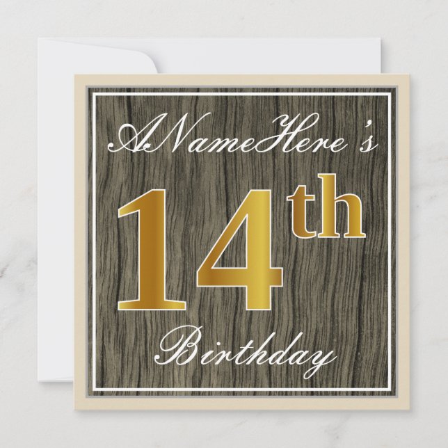 Elegant, Faux Wood, Faux Gold 14th Birthday + Name Invitation (Front)