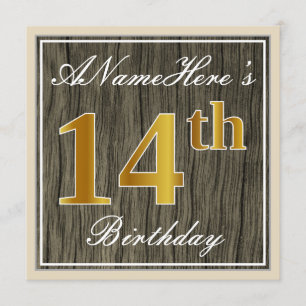 Elegant, Faux Wood, Faux Gold 14th Birthday + Name Invitation
