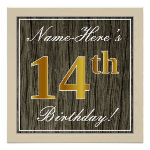 Elegant, Faux Wood, Faux Gold 14th Birthday + Name Poster