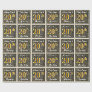 Elegant, Faux Wood, Faux Gold 20th Birthday + Name Wrapping Paper