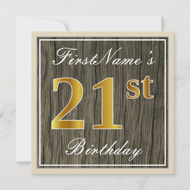 Elegant, Faux Wood, Faux Gold 21st Birthday + Name Invitation (Front)