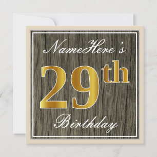 Elegant, Faux Wood, Faux Gold 29th Birthday + Name Invitation