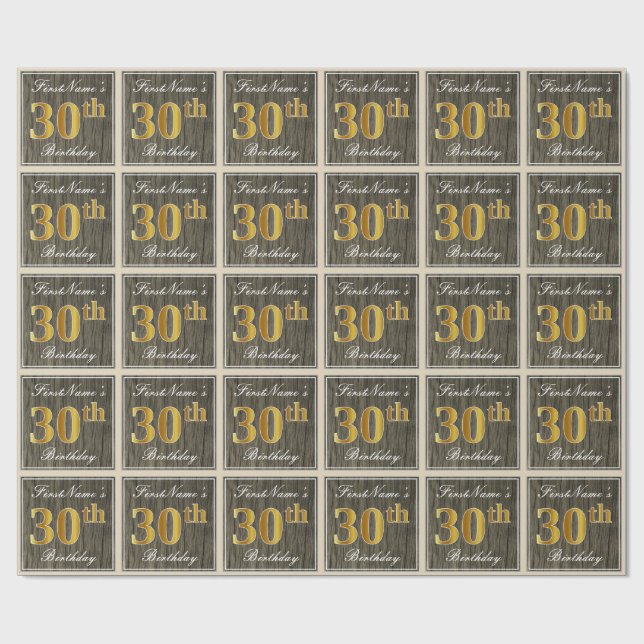 Elegant, Faux Wood, Faux Gold 30th Birthday + Name Wrapping Paper (Flat)