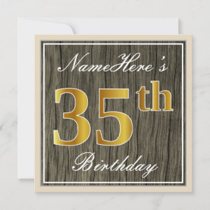 Elegant, Faux Wood, Faux Gold 35th Birthday + Name Invitation