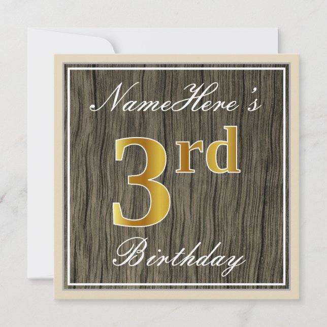 Elegant, Faux Wood, Faux Gold 3rd Birthday + Name Invitation (Front)