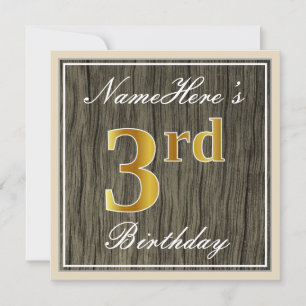 Elegant, Faux Wood, Faux Gold 3rd Birthday + Name Invitation