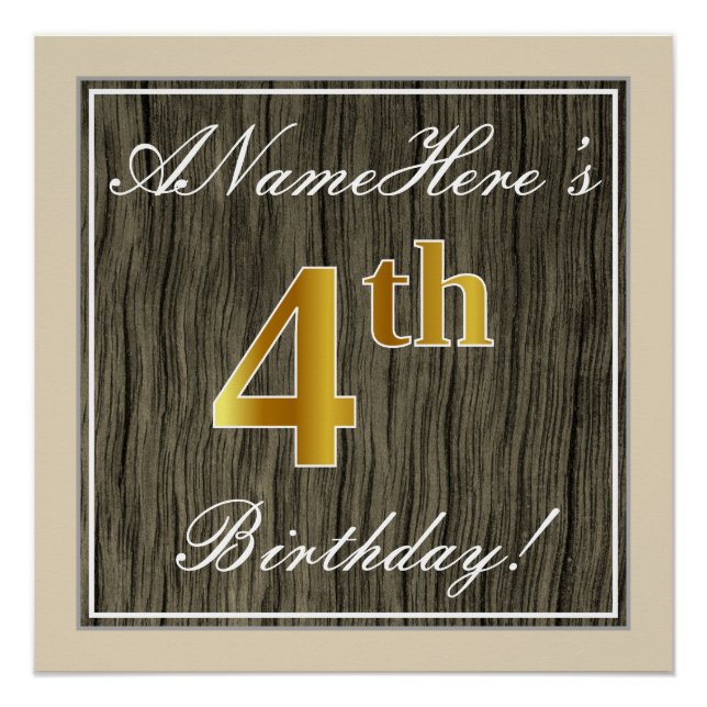 Elegant, Faux Wood, Faux Gold 4th Birthday + Name Poster (Front)