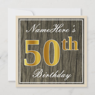 Elegant, Faux Wood, Faux Gold 50th Birthday + Name Invitation