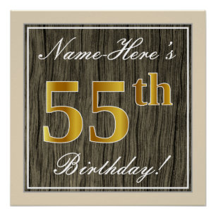 Elegant, Faux Wood, Faux Gold 55th Birthday + Name Poster