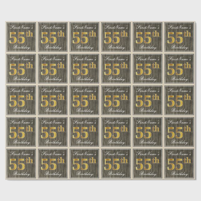 Elegant, Faux Wood, Faux Gold 55th Birthday + Name Wrapping Paper (Flat)