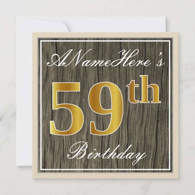 Elegant, Faux Wood, Faux Gold 59th Birthday + Name Invitation (Front)