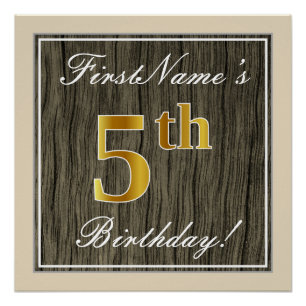 Elegant, Faux Wood, Faux Gold 5th Birthday + Name Poster