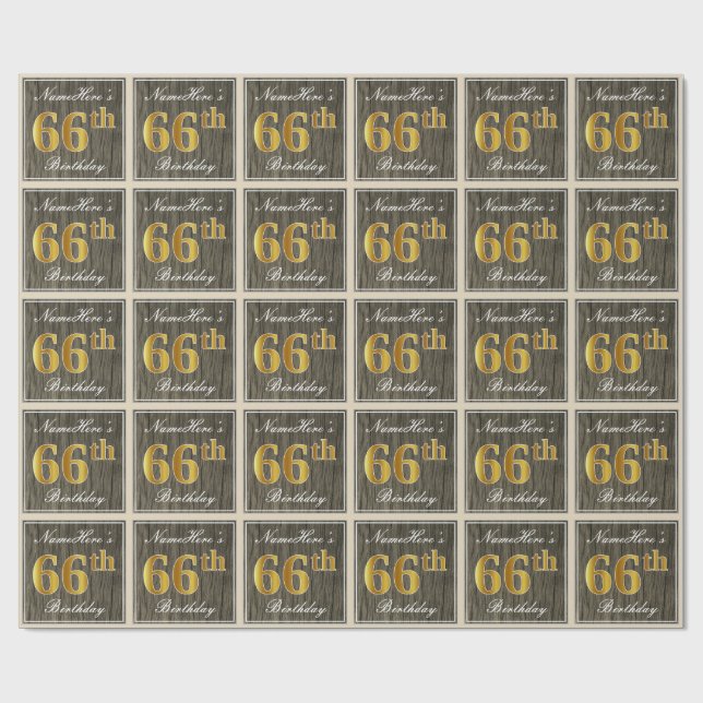 Elegant, Faux Wood, Faux Gold 66th Birthday + Name Wrapping Paper (Flat)