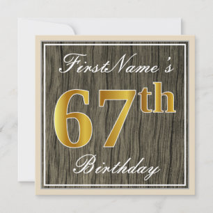 Elegant, Faux Wood, Faux Gold 67th Birthday + Name Invitation
