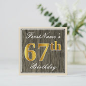 Elegant, Faux Wood, Faux Gold 67th Birthday + Name Invitation (Standing Front)