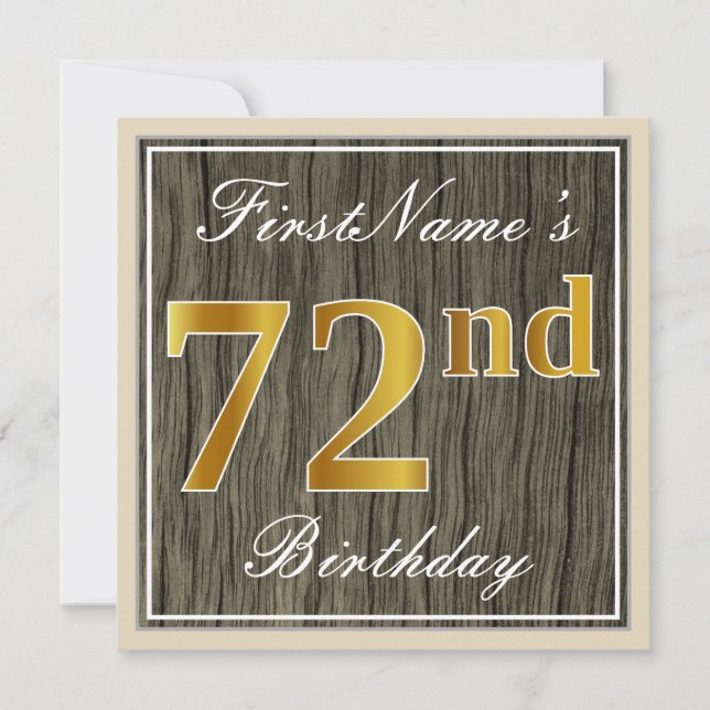 Elegant, Faux Wood, Faux Gold 72nd Birthday + Name Invitation (Front)